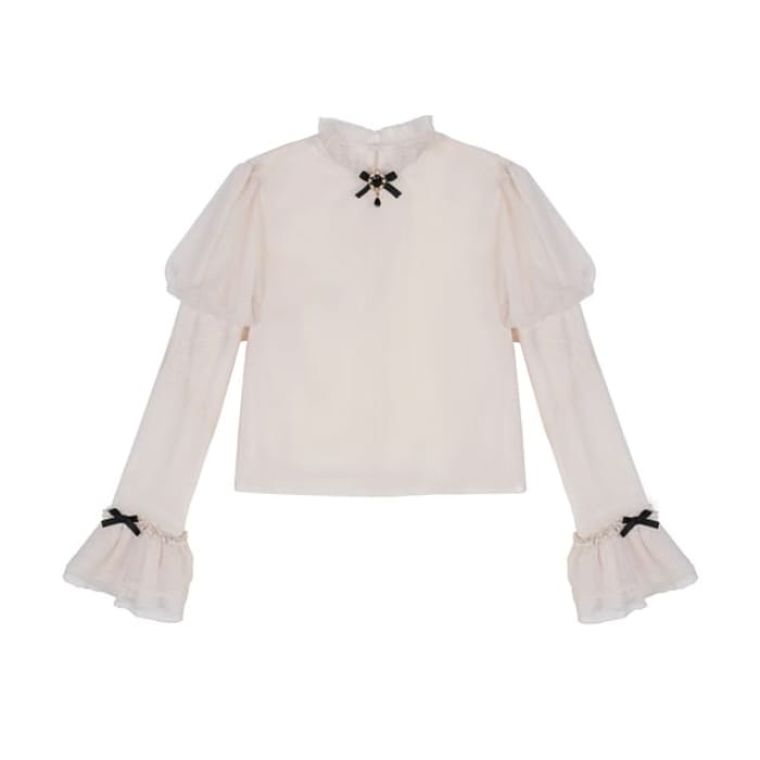 Lolita Puff Sleeve Stand Collar Bow Ruffle Blouse