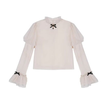 Lolita Puff Sleeve Stand Collar Bow Ruffle Blouse