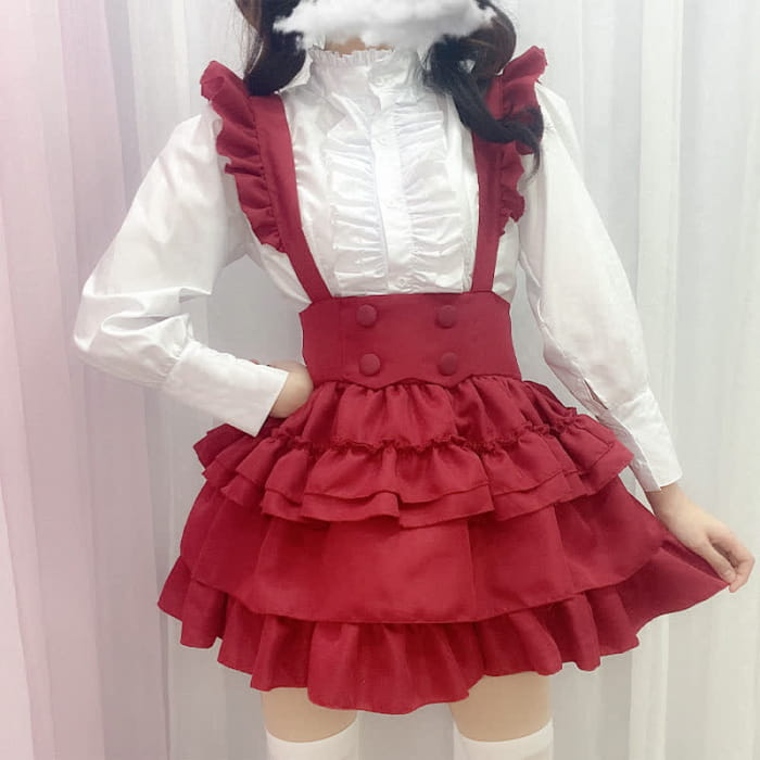Lolita Red Button Ruffled Shirt Bubble Overalls Skirt Set