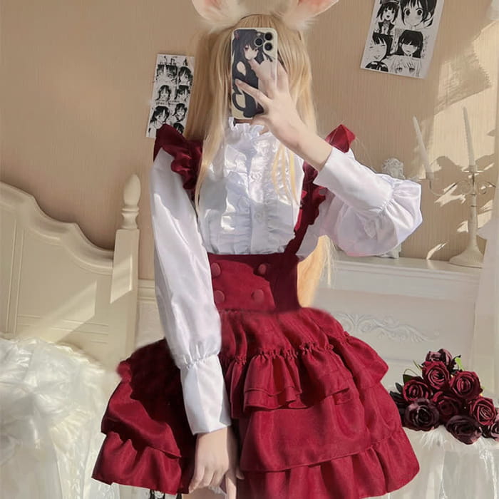 Lolita Red Button Ruffled Shirt Bubble Overalls Skirt Set