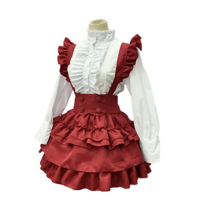 Lolita Red Button Ruffled Shirt Bubble Overalls Skirt Set