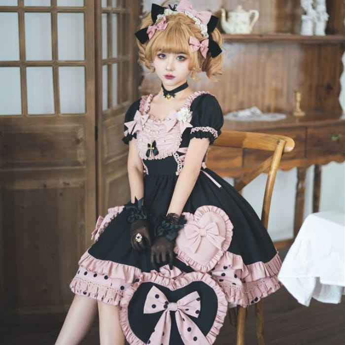 Lolita Ruffle Trim Mini A-Line Dress / Bow Headband