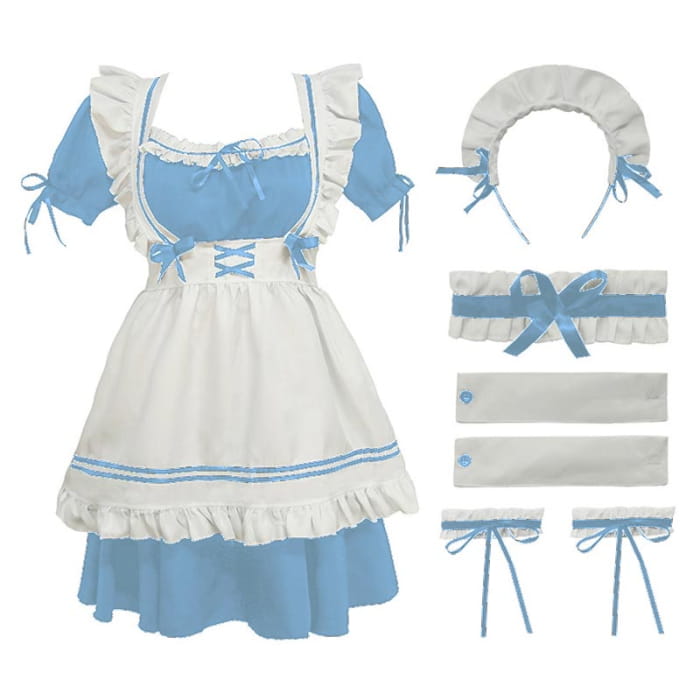 Lolita Seven Piece Ruffled Maid Dress - Blue / S