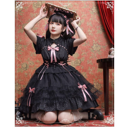 Lolita Short-Sleeve Band Collar Bow Accent Two Tone A-Line