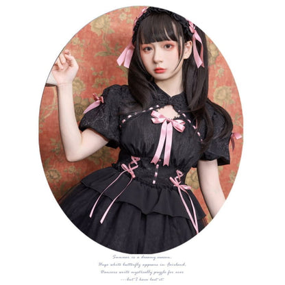 Lolita Short-Sleeve Band Collar Bow Accent Two Tone A-Line