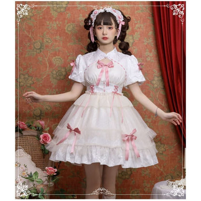 Lolita Short-Sleeve Band Collar Bow Accent Two Tone A-Line