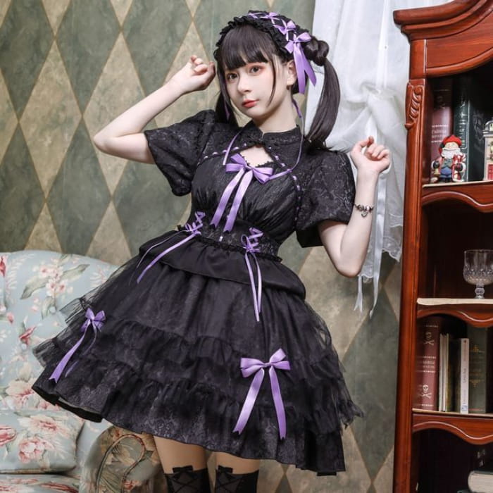 Lolita Short-Sleeve Band Collar Bow Accent Two Tone A-Line