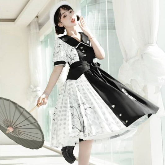 Lolita Short-Sleeve Collared Two Tone Pleated A-Line Dress