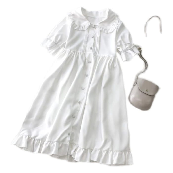 Lolita Short-Sleeve Frill Trim A-Line Shirt Dress