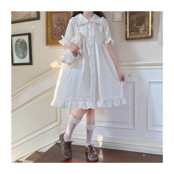 Lolita Short-Sleeve Frill Trim A-Line Shirt Dress