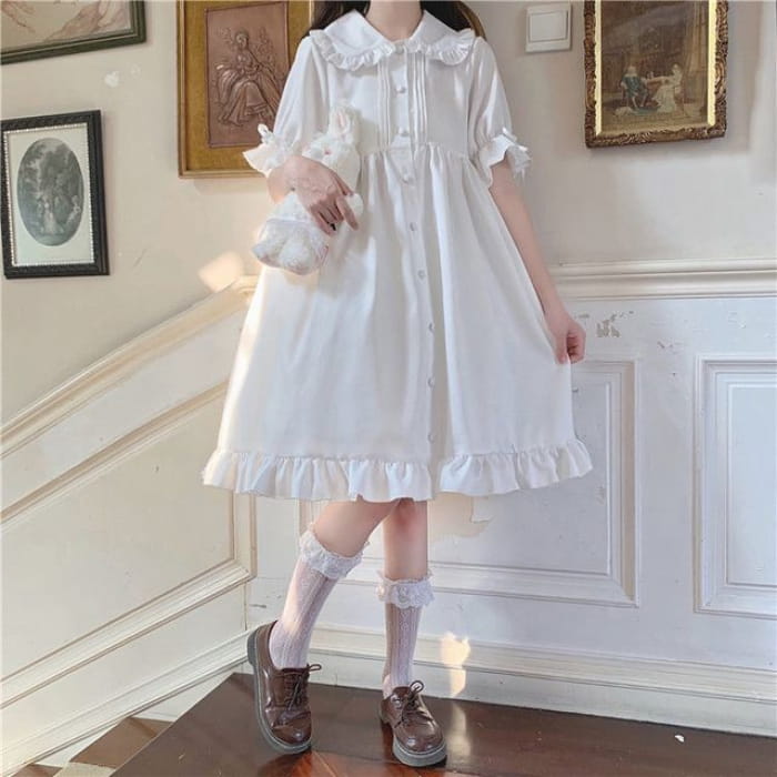 Lolita Short-Sleeve Frill Trim A-Line Shirt Dress - White