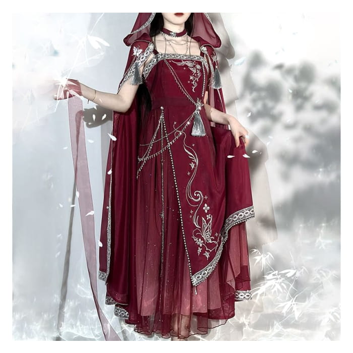 Lolita Spaghetti Strap Embroidered Hanfu Midi A-Line Dress