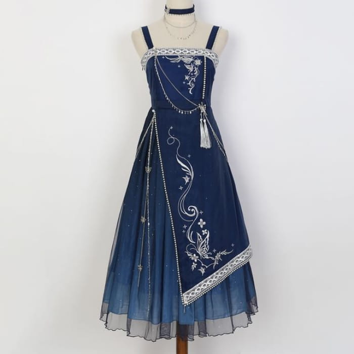 Lolita Spaghetti Strap Embroidered Hanfu Midi A-Line Dress