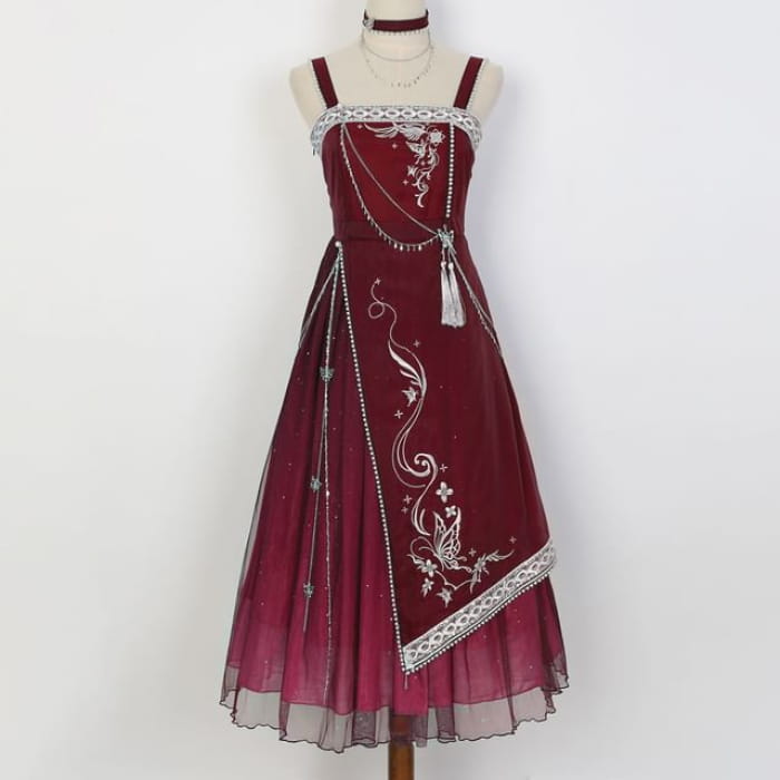 Lolita Spaghetti Strap Embroidered Hanfu Midi A-Line Dress