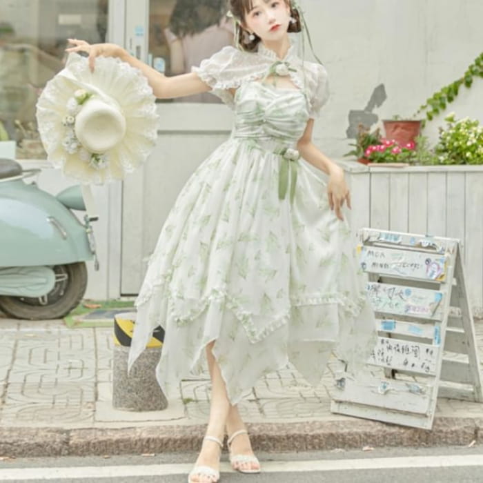 Lolita Spaghetti Strap Floral Print Midi Dress / Lace Shrug