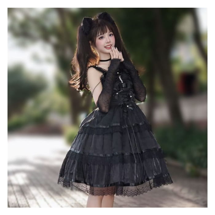 Lolita Spaghetti Strap V-Neck Ruffle Trim Tiered A-Line