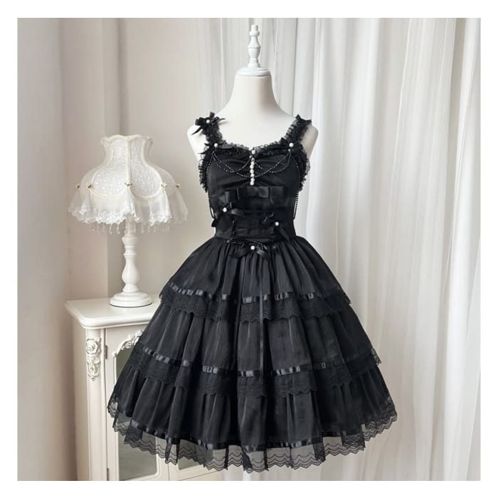 Lolita Spaghetti Strap V-Neck Ruffle Trim Tiered A-Line