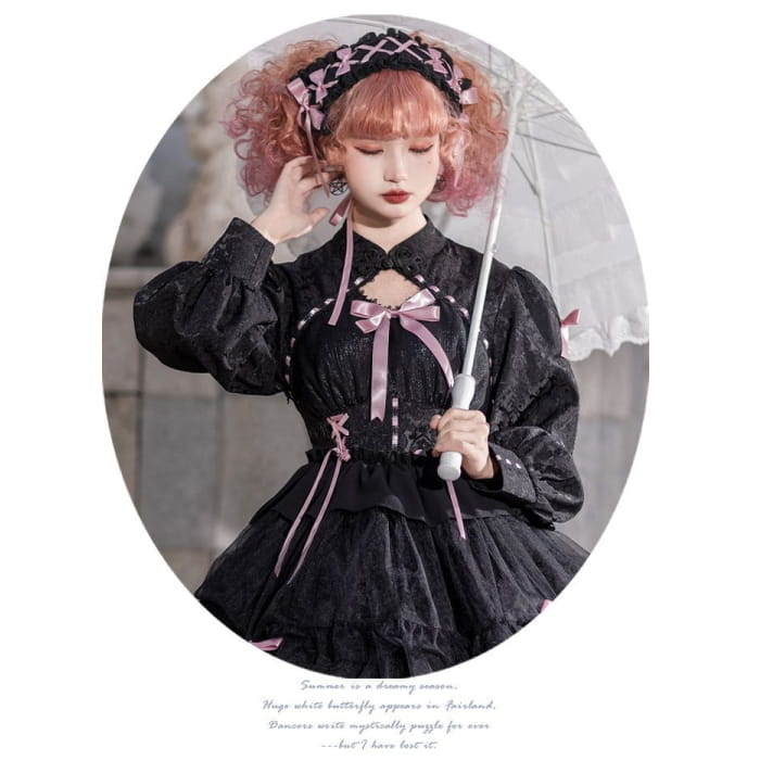 Long-Sleeve Band Collar Bow Two Tone Lolita A-Line Dress