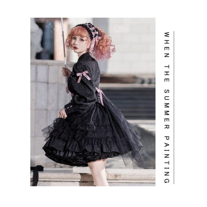 Long-Sleeve Band Collar Bow Two Tone Lolita A-Line Dress