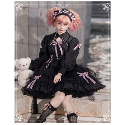 Long-Sleeve Band Collar Bow Two Tone Lolita A-Line Dress