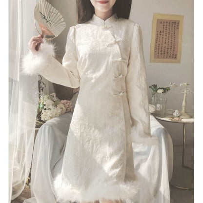 Long-Sleeve Band Collar Floral Fluffy Trim Qipao