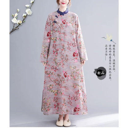 Long Sleeve Band Collar Floral Print Maxi Qipao