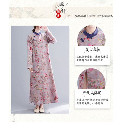 Long Sleeve Band Collar Floral Print Maxi Qipao