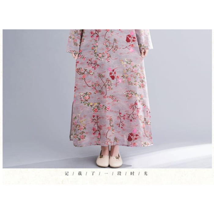 Long Sleeve Band Collar Floral Print Maxi Qipao