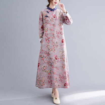 Long Sleeve Band Collar Floral Print Maxi Qipao