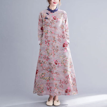 Long Sleeve Band Collar Floral Print Maxi Qipao