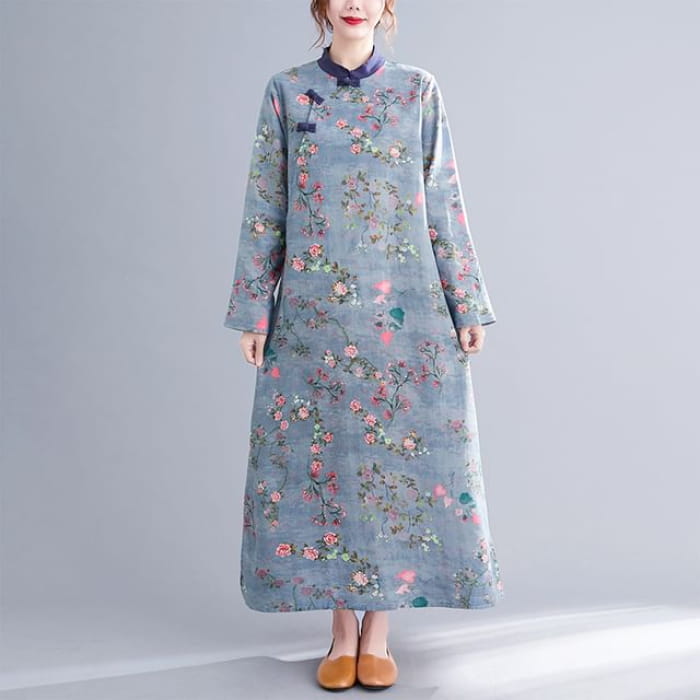 Long Sleeve Band Collar Floral Print Maxi Qipao - Blue / M