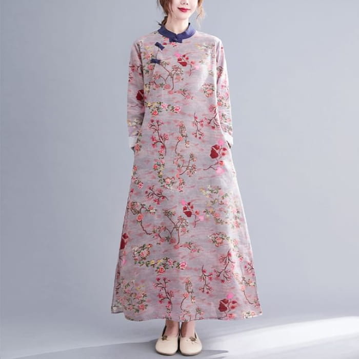 Long Sleeve Band Collar Floral Print Maxi Qipao - Pink / M