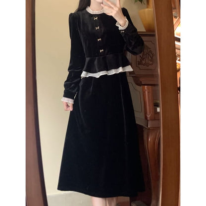 Long Sleeve Band Collar Ruffle Hem Velvet Midi A-Line Dress