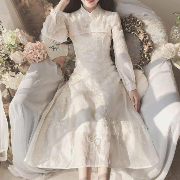 Long-Sleeve Band Collared Embroidered Midi A-Line Dress