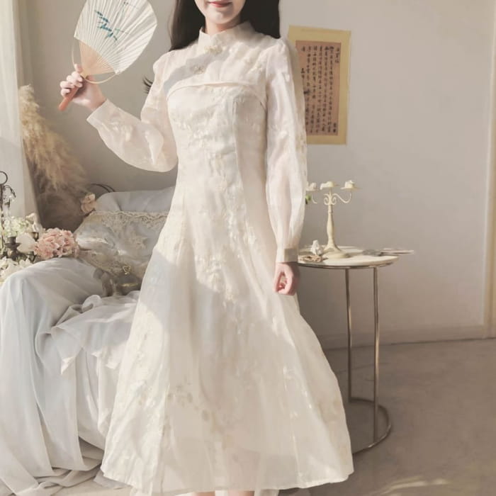 Long-Sleeve Band Collared Embroidered Midi A-Line Dress