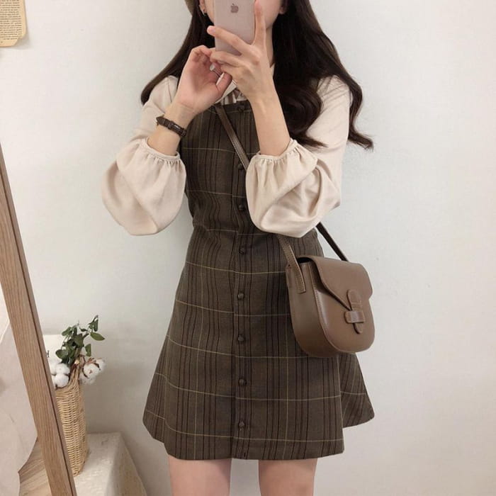 Long-Sleeve Blouse / Plaid Mini Buttoned Overall Dress