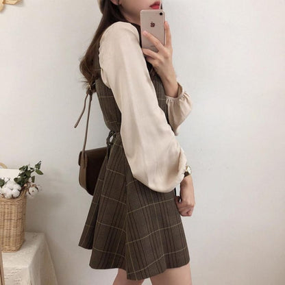 Long-Sleeve Blouse / Plaid Mini Buttoned Overall Dress