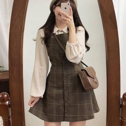 Long-Sleeve Blouse / Plaid Mini Buttoned Overall Dress