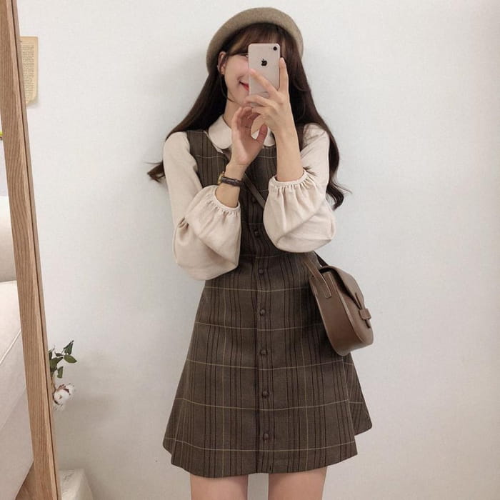 Long-Sleeve Blouse / Plaid Mini Buttoned Overall Dress