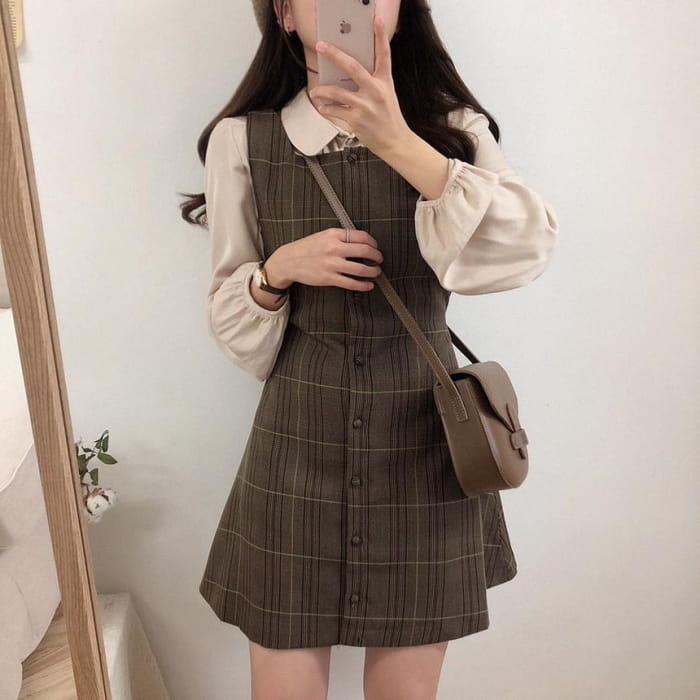 Long-Sleeve Blouse / Plaid Mini Buttoned Overall Dress