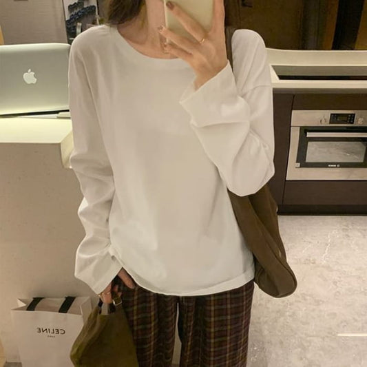 Long-Sleeve Boatneck Plain T-Shirt