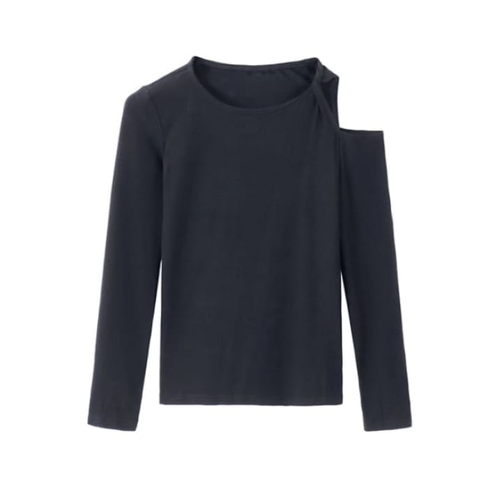 Long-Sleeve Cold Shoulder Plain Crop Top - Black / M