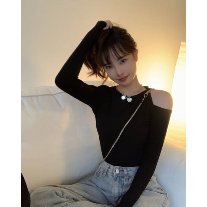 Long-Sleeve Cold Shoulder Plain Crop Top - Clothing