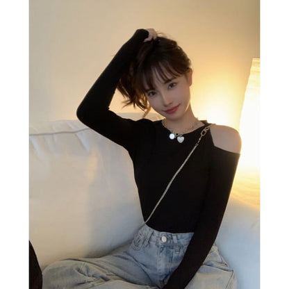 Long-Sleeve Cold Shoulder Plain Crop Top - Clothing