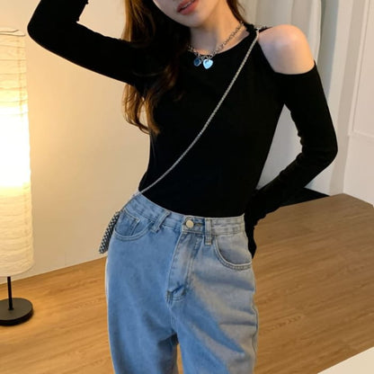 Long-Sleeve Cold Shoulder Plain Crop Top - Clothing