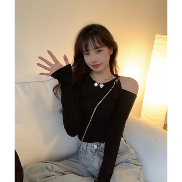 Long-Sleeve Cold Shoulder Plain Crop Top - Clothing