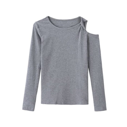 Long-Sleeve Cold Shoulder Plain Crop Top - Gray / M