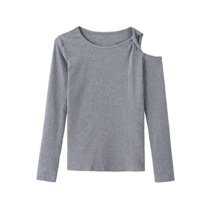 Long-Sleeve Cold Shoulder Plain Top - Gray / M - Clothing