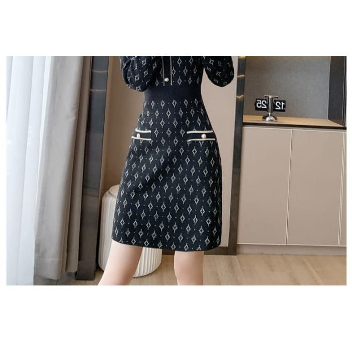 Long-Sleeve Collar Patterned Knit Mini Sheath Dress