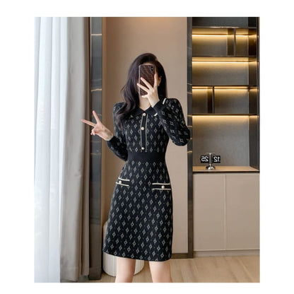 Long-Sleeve Collar Patterned Knit Mini Sheath Dress